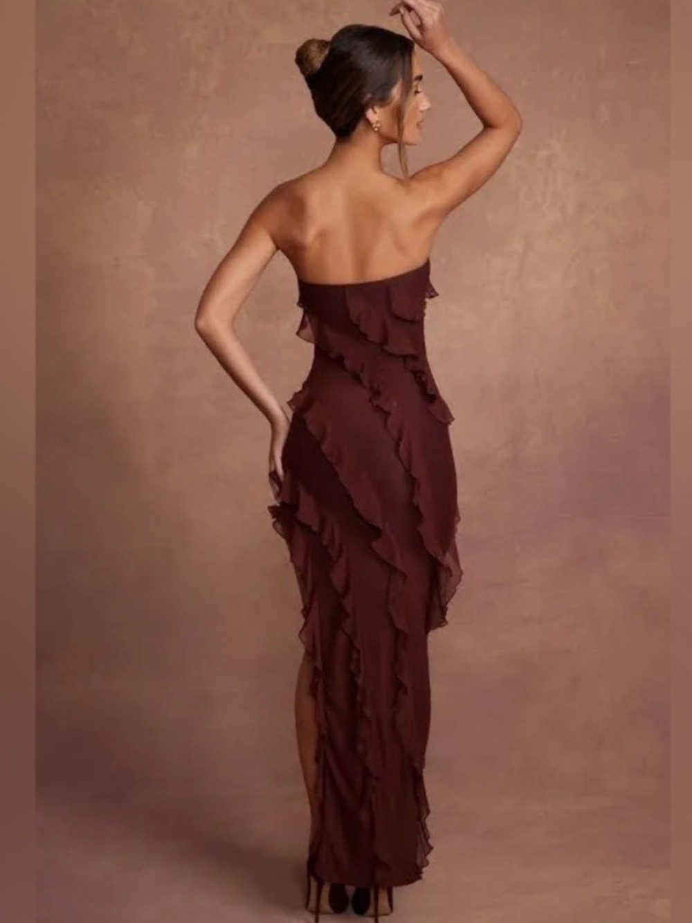 Oh Polly Nevali Bandeau Ruffle Detail Maxi Dress in Brown - Picture 2 of 15